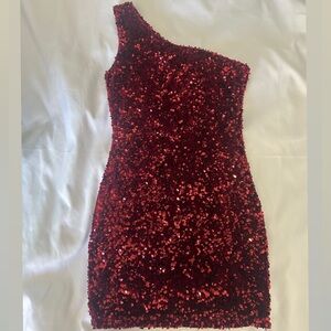 Red sequin one shoulder mini dress